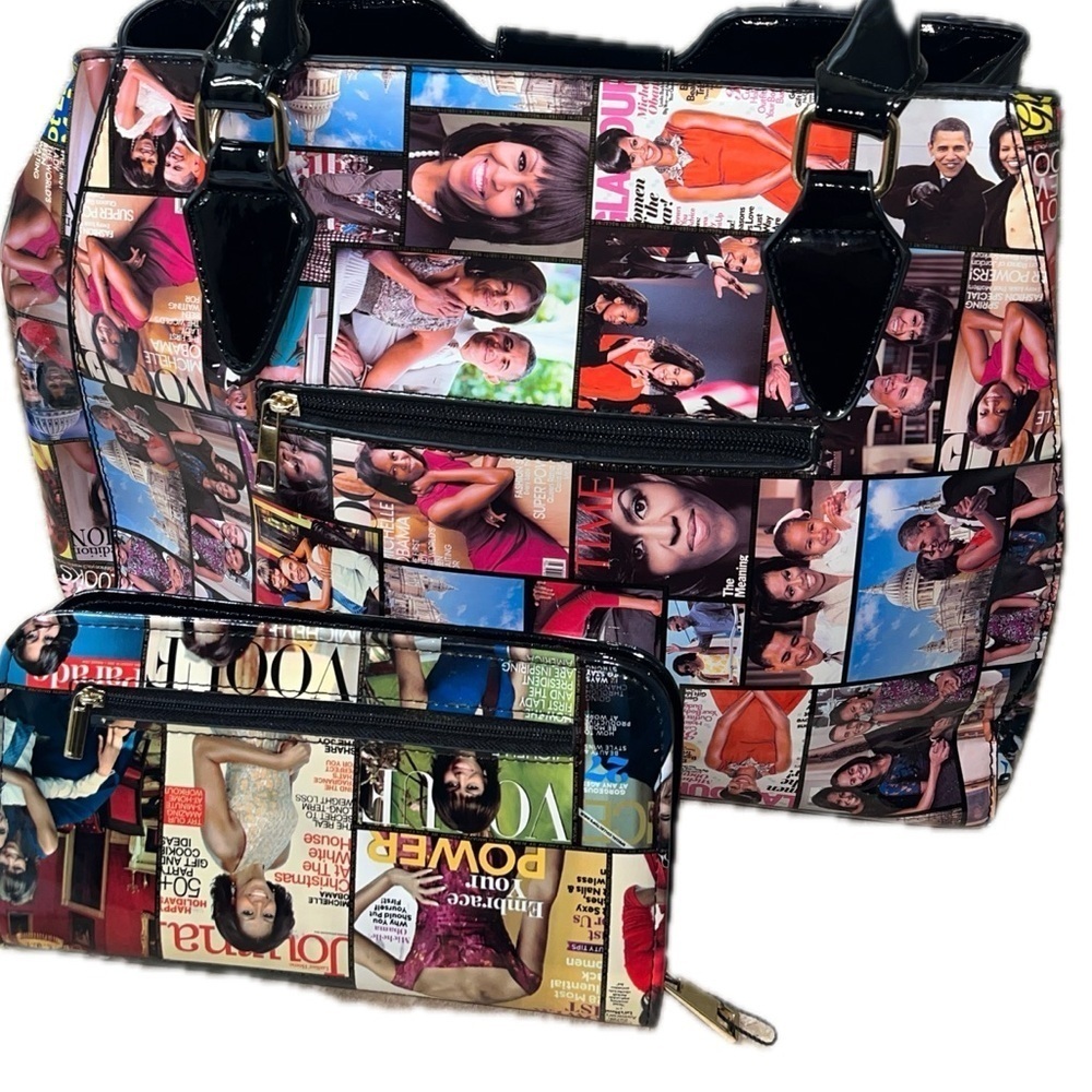 Michelle & Barrack Obama Magazine Studded Patent Leather Tote w/ Matching Wallet - Picture 7 of 10